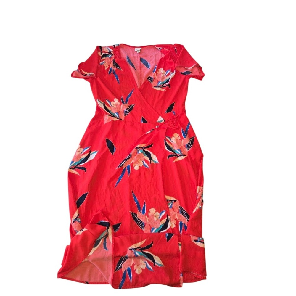 A New Day Red Floral Wrap Dress XL Short Sleeve Tropical Midi Ruffle Hem
